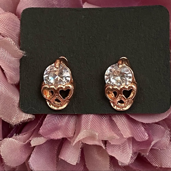 Rose Gold Crystal Skull Stud Earrings - Picture 4 of 16